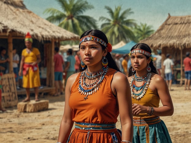 Auf dem Bild sind zwei Frauen zu sehen, die traditionelle Kleidung tragen, die möglicherweise mit den Bräuchen der Guamote-Einwohner verbunden ist. Diese Gemeinschaft in Ecuador ist bekannt für ihre lebendige Kultur und ihre traditionellen Feste. 

Die Frauen könnten aus einem Festumzug kommen, wo es üblich ist, farbenfrohe Trachten und Schmuck zu tragen, der oft aus lokalem Material gefertigt ist. Diese Bekleidungsstücke symbolisieren oft die Verbindung zur Natur und den Stolz auf das eigene Erbe. 

Außerdem ist die Gemeinschaft dafür bekannt, ihre alten Traditionen durch Musik und Tanz lebendig zu halten. Die Schmuckstücke, die sie tragen, könnten auch eine kulturelle Bedeutung haben, etwa ihren sozialen Status oder ihre Zugehörigkeit zu bestimmten Gruppen innerhalb der Gemeinschaft zu kennzeichnen. 

Solche Feste sind wichtige Gelegenheiten, um die Identität und die Werte der Guamote-Einwohner zu feiern und zu bewahren.