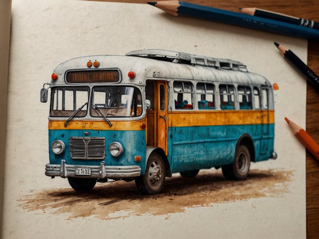 Auf dem Bild ist ein kunstvoll gezeichneter Vintage-Bus zu sehen, der in ansprechenden Farben gestaltet ist, vorzugsweise in Blau und Gelb. Dieser Bus könnte ein Symbol für öffentliche Verkehrsmittel oder für nostalgische Reisen sein.

**Anreise:**
Wenn du mit dem Bus reisen möchtest, informiere dich über die verfügbaren Linien in deiner Stadt oder Region. Viele Linien bieten besondere Tourangebote an, die eine Erkundung der Umgebung ermöglichen.

**Praktische Tipps:**
1. **Fahrkarten im Voraus buchen:** Oft gibt es online günstigere Tickets.
2. **Fahrpläne prüfen:** Informiere dich über die Abfahrtszeiten und verzichte auf unnötige Wartezeiten.
3. **Kleinere Gepäckstücke:** Achte darauf, nur das Nötigste mitzunehmen, um den Platz im Bus zu maximieren.
4. **Unterhaltung mitnehmen:** Ein gutes Buch oder Musik auf deinem Smartphone kann die Reise angenehmer gestalten. 

Viel Spaß bei deiner Reise!