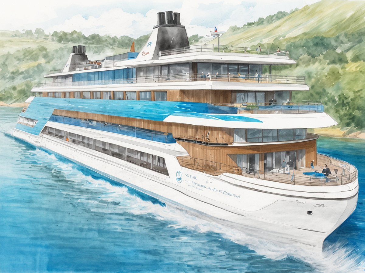 Ein modernes Flusskreuzfahrtschiff mit mehreren Decks navigiert durch ruhige Gewässer. Das Schiff hat eine elegante, weiße Außenhülle mit blauen Akzenten und großen Fenstern. Auf dem Oberdeck sitzen Passagiere und genießen die Aussicht auf die umliegenden Landschaften, die von sanften Hügeln und Bäumen geprägt sind. Die Atmosphäre wirkt einladend und luxuriös, ideal für eine entspannte Reise.