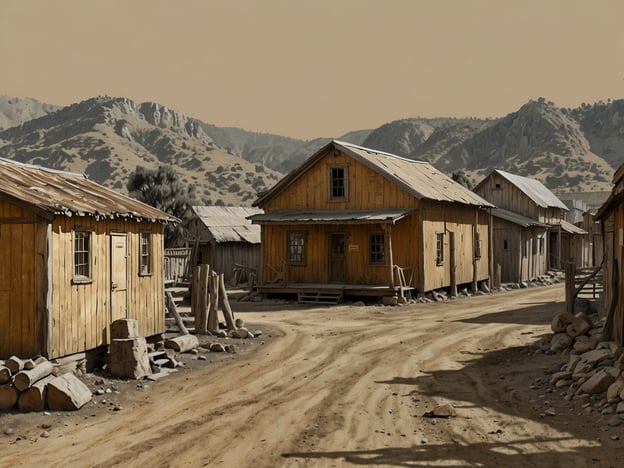 Auf dem Bild ist eine verlassene Goldgräberstadt zu sehen, die von einfachen Holzhäusern geprägt ist. Die Straßen sind staubig und führen durch die Siedlung, umgeben von einer beeindruckenden Berglandschaft. Diese Szenerie erinnert stark an die Geschichte von Zaruma, wo Goldgräber und Abenteurer in der Vergangenheit nach Reichtum strebten. Die einst belebten Straßen könnten Geschichten von Hoffnung und Entbehrungen erzählen, während die Faszination des Goldes viele Menschen in diese Region zog, genau wie in Zaruma während der Goldgräberzeit.