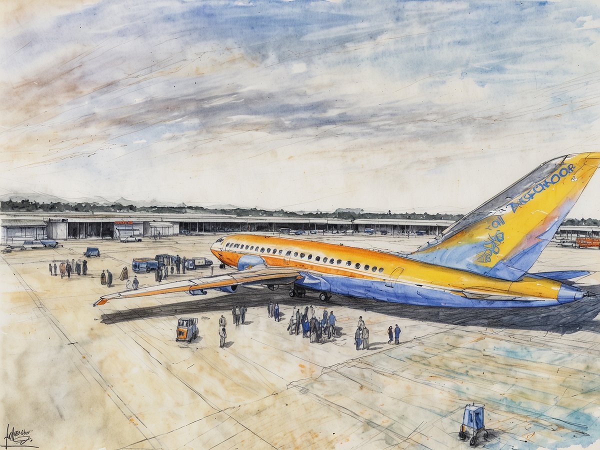 Eine farbenfrohe Illustration eines neuen Flughafens in Koh Kong zeigt ein Passagierflugzeug mit einem markanten orange-blauen Design, das auf dem Rollfeld steht. Im Vordergrund sind mehrere Personen zu sehen, die sich in einer kleinen Gruppe versammeln. Im Hintergrund sind Terminalgebäude sowie weitere Flugzeuge und Bodenfahrzeuge zu erkennen. Der Himmel ist hell mit sanften Wolken, was eine einladende Atmosphäre schafft.