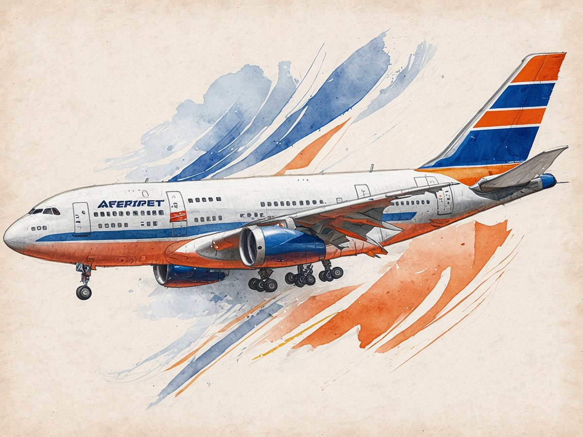 Ein Flugzeug der Airline Aeroflot mit orange-blauen Farben fliegt durch einen hellen Himmel, umgeben von abstrakten, künstlerischen Farbschattierungen in Blau und Orange. Das Flugzeug ist detailliert dargestellt und vermittelt ein Gefühl von Bewegung und Dynamik.