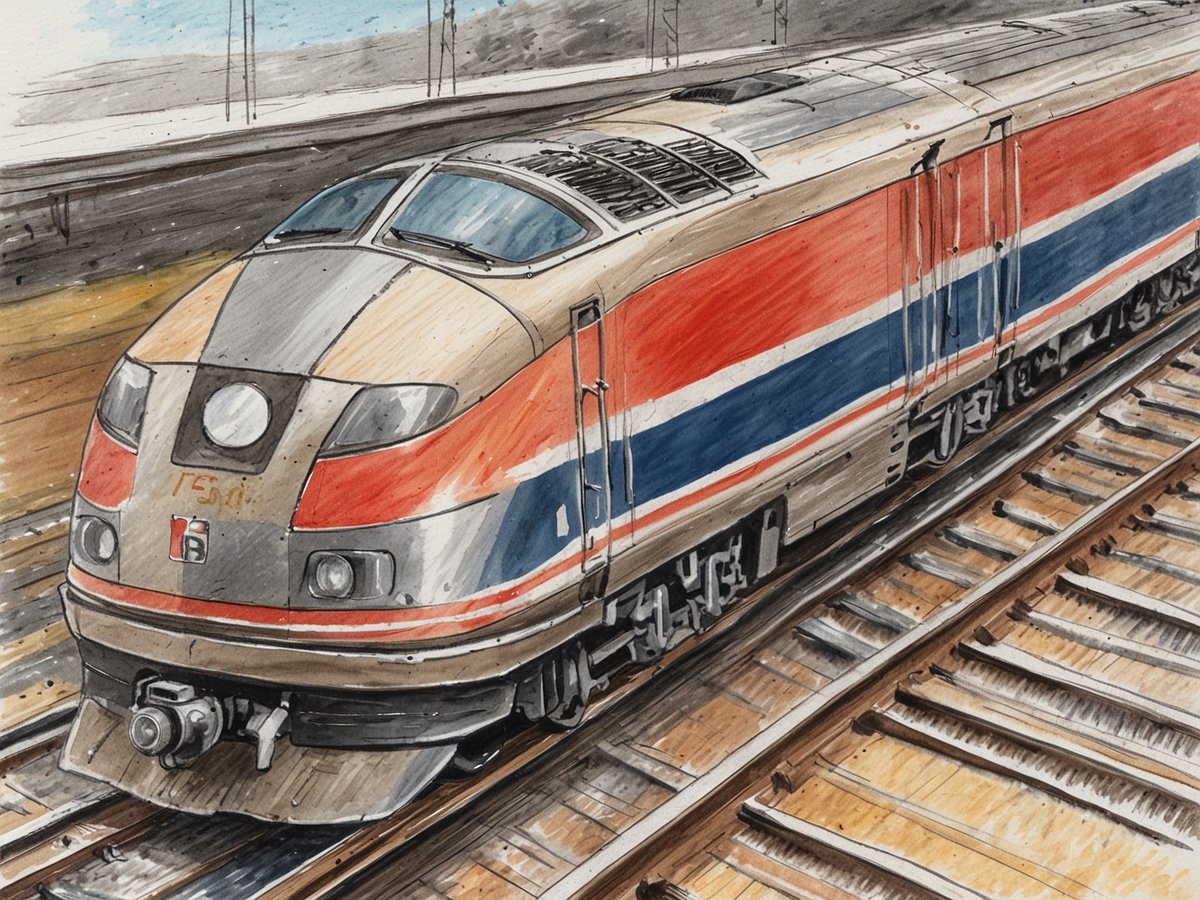 Eine farbenfrohe Illustration einer modernen Lokomotive, die auf einem Bahngleis steht. Die Lokomotive hat ein aerodynamisches Design in Rot, Blau und Grau. Die Schienenverlängerung ist sichtbar, während der Hintergrund unschärfer wird und einen Bahnhof andeutet. Der Himmel ist hell und es scheinen Wolken am Horizont zu sein.