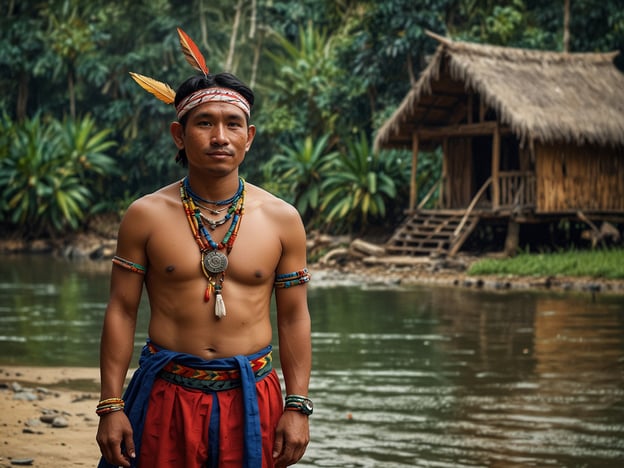 Auf dem Bild ist ein Mann zu sehen, der traditionelle Kleidung und Schmuck trägt. Er steht am Ufer eines Flusses, umgeben von üppiger Vegetation, und hinter ihm befindet sich eine typische Hütte aus Holz und Palmenblättern, die in den indigenen Kulturen rund um den Napo Fluss verbreitet ist.

Die indigenen Völker dieser Region, wie die Kichwa und andere Gruppen, pflegen eine enge Verbindung zu ihrer natürlichen Umgebung. Sie leben oft in Gemeinschaften, die in Hütten aus natürlichen Materialien gebaut sind und sich an den Flussufern befinden. Traditioneller Schmuck und Kleidungsstücke sind häufig Ausdruck ihrer kulturellen Identität und spiegeln die Traditionen und das Erbe wider. Der Napo Fluss spielt zudem eine zentrale Rolle in ihrem täglichen Leben, da er eine wichtige Wasserquelle und Transportweg darstellt.