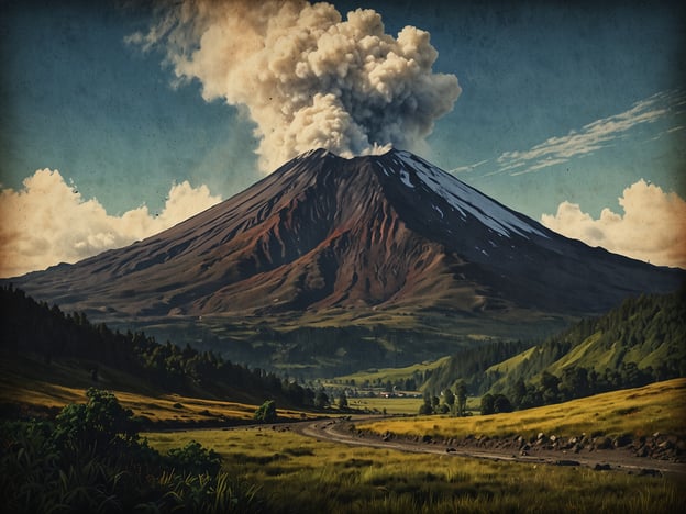 Auf dem Bild ist der Vulkan Tungurahua zu sehen, der majestätisch in der Landschaft thront. Er hat eine charakteristische Form mit schneebedecktem Gipfel und rauchenden Wolken, die aus dem Krater aufsteigen. Die umgebende Natur zeigt grüne Hügel und eine sanfte Talebene, die den dramatischen Anblick des aktiven Vulkans kontrastiert. Tungurahua ist bekannt für seine Ausbrüche und zieht viele Abenteurer und Naturfreunde an, die die Kraft der Natur hautnah erleben möchten.