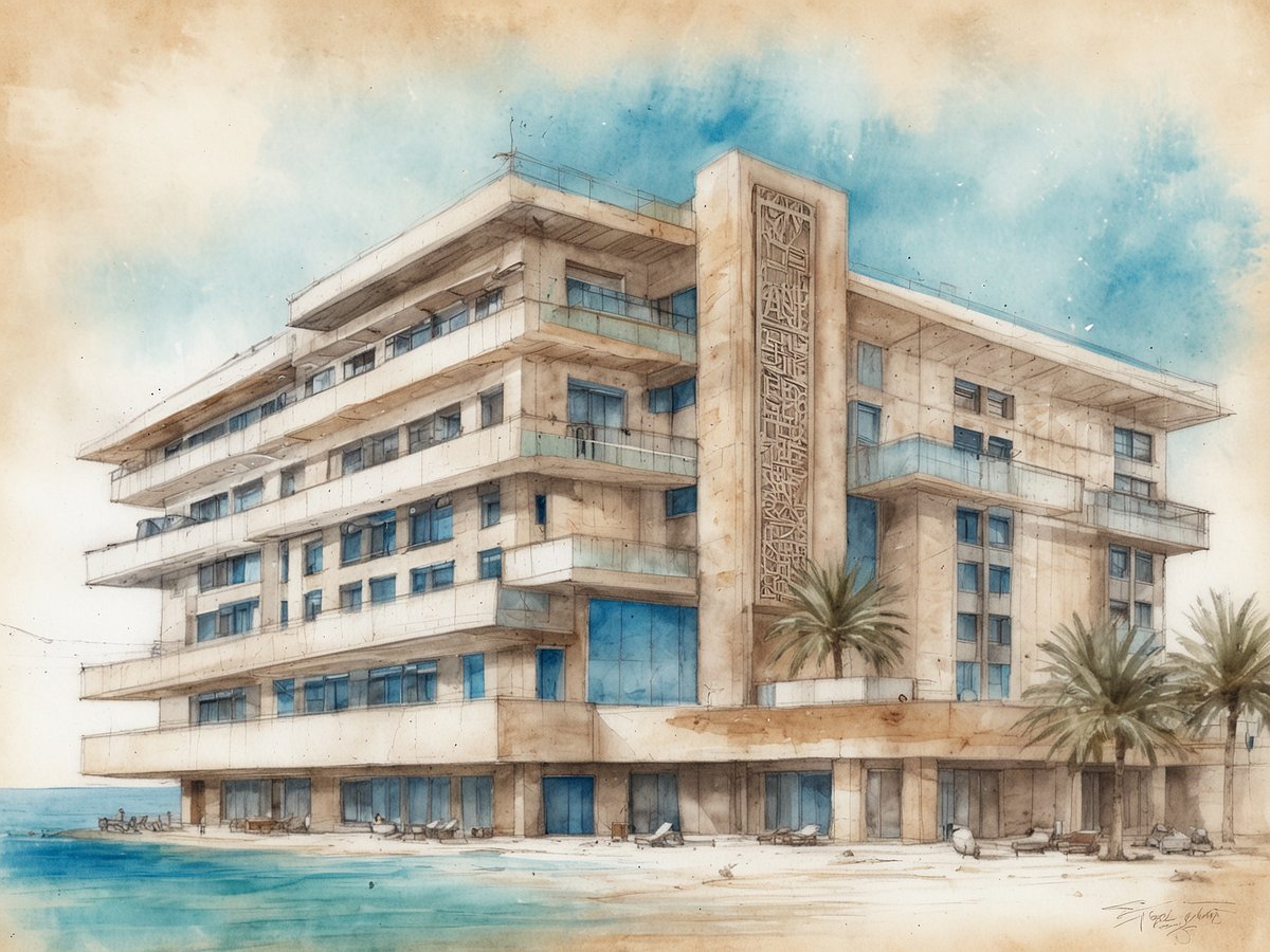 Das Bild zeigt eine künstlerische Darstellung des Mogadishu Rotana, dem ersten 5-Sterne-Hotel in Somalia, das 2026 eröffnet werden soll. Das Hotel hat eine moderne Architektur mit mehreren Etagen, großen Fenstern und Balkonen. Es ist umgeben von sandigen Uferbereichen und Palmen, die eine entspannte Atmosphäre schaffen. Der Himmel ist in sanften Blau- und Beigetönen gehalten, was dem Gesamtbild eine einladende Note verleiht. Die Fassade des Gebäudes weist dekorative Elemente auf, die die kulturelle Identität unterstreichen.