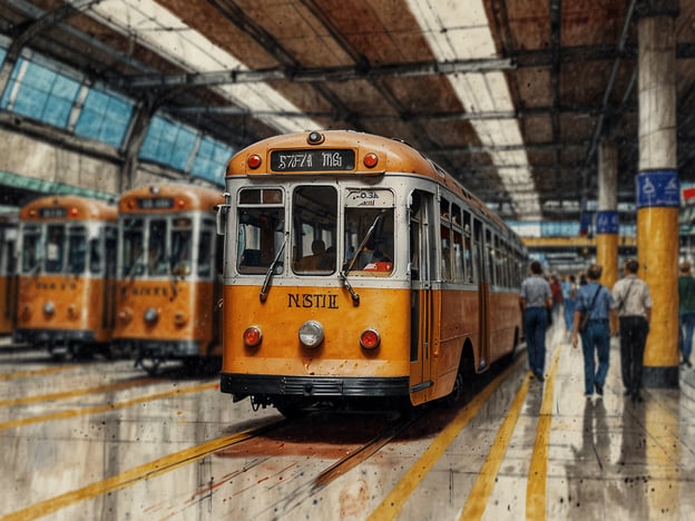 Auf dem Bild ist ein Straßenbahnsteigen zu sehen, wahrscheinlich in einer größeren Stadt. Die gelben Straßenbahnen stehen bereit, während Passanten sich durch die Halle bewegen.

**Anreise:**
Um zu diesem Ort zu gelangen, nutzen Besucher am besten öffentliche Verkehrsmittel wie U-Bahnen oder Busse, da diese oft in der Nähe von Straßenbahnlinien halten. Falls Sie mit dem Auto anreisen, informieren Sie sich über die Parkmöglichkeiten in der Nähe, da städtische Bereiche oft regulierte Parkzonen haben.

**Praktische Tipps für Besucher:**
1. **Fahrkarten:** Achten Sie darauf, ein gültiges Ticket zu kaufen, bevor Sie die Straßenbahn betreten. Automaten sind häufig in der Nähe der Haltestellen.
2. **Fahrpläne:** Überprüfen Sie die Fahrpläne im Voraus, um die Wartezeiten zu minimieren. Oft gibt es Apps oder Websites, die aktuelle Abfahrtszeiten anzeigen.
3. **Sicherheit:** Halten Sie Ihre Wertsachen im Blick, insbesondere in belebten Bereichen.
4. **Barrierefreiheit:** viele moderne Straßenbahnen sind barrierefrei, informieren Sie sich, falls das für Sie wichtig ist.

Genießen Sie Ihre Reise und den einzigartigen Charme der Straßenbahnfahrt!