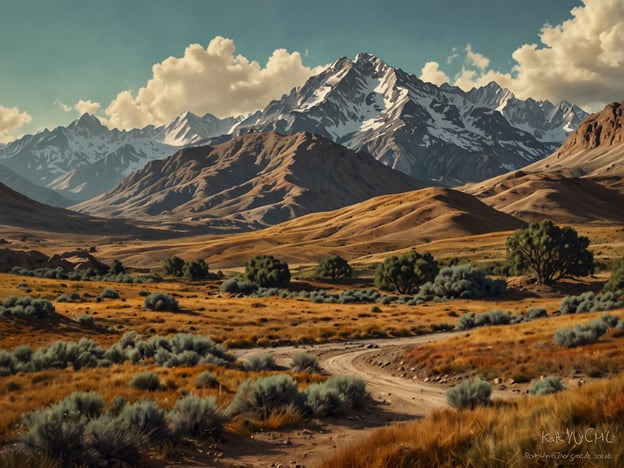 Auf dem Bild sind beeindruckende Hochgebirgen mit schneebedeckten Gipfeln und sanften, hügeligen Landschaften zu sehen. Die Bergkette im Hintergrund zeigt eine majestätische Kulisse, während der Vordergrund von trockenen Gräsern und vereinzelten Bäumen geprägt ist. Der Himmel ist klar und blau mit einigen Wolken, die eine ruhige Atmosphäre schaffen. Diese Szenerie erinnert an die Hochtäler von El Ángel, bekannt für ihre atemberaubenden Naturlandschaften und die hohe alpine Flora.