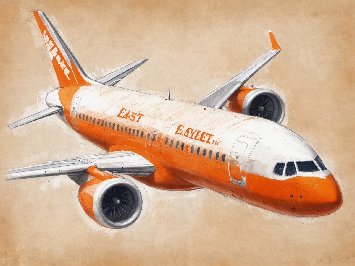 Ein orange und weiß lackiertes Flugzeug von EasyJet schwebt über einem beigen Hintergrund. Das Flugzeug hat eine dynamische Form mit deutlich sichtbaren Triebwerken und einem großen Fensterbereich. Die Heckflosse ist orange mit dem Schriftzug EasyJet. Diese Darstellung vermittelt die Atmosphäre von Luftreisen und Urlaub, ideal für eine Werbung über Rabatte auf Flüge und Pauschalreisen 2025.