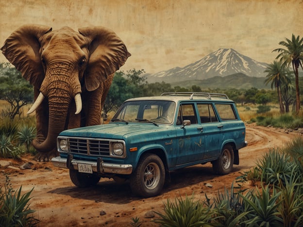 Auf dem Bild ist ein blauer Geländewagen zu sehen, der auf einem staubigen Weg in einer afrikanischen Savanne steht. Direkt neben dem Auto befindet sich ein großer Elefant, der majestätisch in der Landschaft thront. Im Hintergrund erhebt sich ein schneebedeckter Vulkan, umgeben von üppiger Vegetation.

Diese Szenerie kann als Symbol für die Herausforderungen interpretiert werden, denen die Wildtiere in ihrer natürlichen Umgebung gegenüberstehen, insbesondere im Kontext von Ökologie und Klimawandel. Die Zerstörung von Lebensräumen durch menschliche Aktivitäten, wie etwa den Bau von Straßen und Siedlungen, gefährdet die Artenvielfalt. Der Elefant, als wichtiges Element des Ökosystems, spielt eine wesentliche Rolle in der Aufrechterhaltung des Gleichgewichts der Savanne. 

Klimawandel-gestützte Veränderungen des Wetters, wie Dürren und Veränderungen der Vegetation, können ebenfalls die Lebensbedingungen für solche Tiere verschlechtern. Diese Herausforderungen erfordern dringende Maßnahmen zum Schutz der Ökosysteme und zur Förderung von nachhaltigen Praktiken, um künftige Generationen von Tieren und Pflanzen zu erhalten.