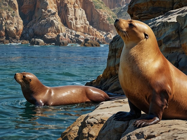 Auf dem Bild sind Seelöwen in ihrem natürlichen Lebensraum zu sehen. Zwei Seelöwen ruhen sich auf Felsen aus, während das Wasser um sie herum glitzert. Im Hintergrund sind majestätische Felsformationen und eine klare Landschaft zu erkennen, die die natürliche Umgebung der Tiere zeigt.