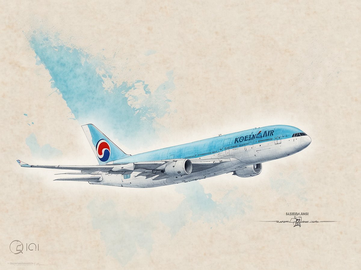 Ein Flugzeug der Korean Air schwebt durch den Himmel, mit einer markanten hellblauen Farbgebung und dem Logo der Airline an der Seite. Der Hintergrund zeigt sanfte Aquarelltöne in Blautönen, die eine luftige Atmosphäre schaffen. Das Bild vermittelt ein Gefühl von Reisefreude und Abenteuer und feiert die lange Verbindung der Airline zu China.