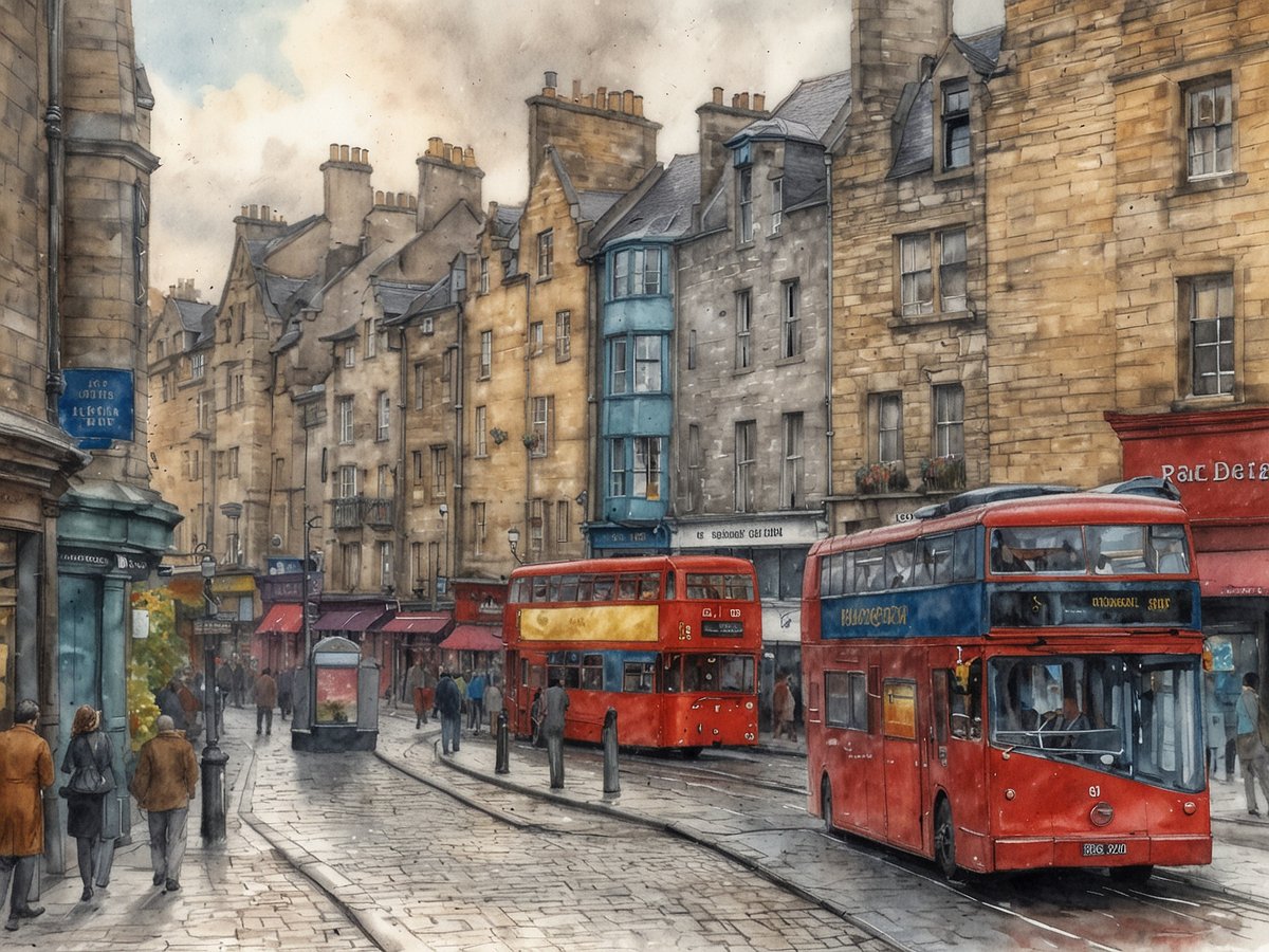 Die Szene zeigt eine malerische Straße in Edinburgh mit historischen Gebäuden im Hintergrund. Zwei rote Doppeldeckerbusse stehen auf der linken Seite der Straße, während Passanten entlang der gepflasterten Straße gehen. Links ist ein schmaler Weg sichtbar, der zu einem anderen Teil der Stadt führt, mit geschäftigen Geschäften und Cafés entlang der Straße. Der Himmel ist bewölkt und verleiht der Atmosphäre eine nostalgische Note.