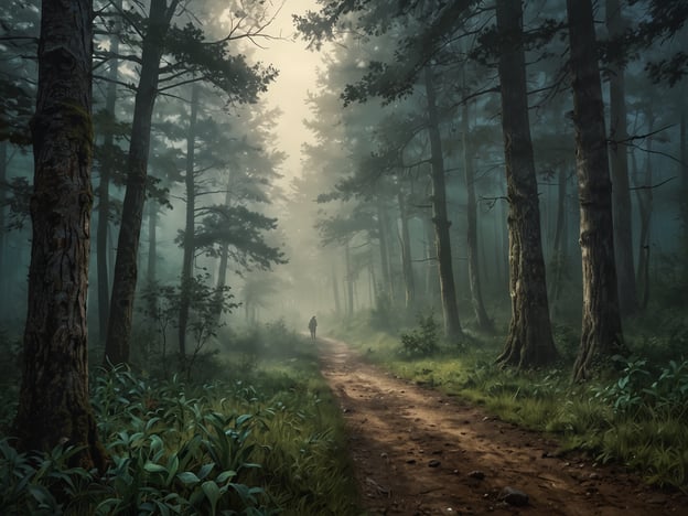 Auf dem Bild ist ein verwunschener Nebelwald zu sehen. Der Weg, der durch die Bäume führt, ist von sanftem Licht umgeben, das durch den dichten Nebel schimmert. Viele Besucher berichten von ihrer Erfahrung in solchen Wäldern: 

Ein Wanderer erinnert sich an das Gefühl der Ruhe und der Verbundenheit mit der Natur. Die sanften Geräusche des Waldes, kombiniert mit dem geheimnisvollen Nebel, schaffen eine Atmosphäre der Magie und des Staunens. 

Eine andere Erzählung handelt von den unerwarteten Begegnungen mit wildlebenden Tieren, die durch das Dickicht schlüpfen, und dem Duft von feuchtem Moos und Erde, der die Luft erfüllt. Manchmal scheint der Nebel Geschichten aus längst vergangenen Zeiten zu erzählen, was die Wanderer fasziniert und in ihren Bann zieht. 

Die eindrucksvolle Kulisse lädt dazu ein, innezuhalten und die Schönheit der Natur zu genießen, während man sich auf dem gemeinsam beschrittenen Pfad des Lebens bewegt.