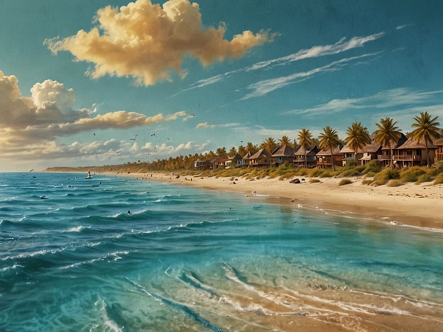 Auf dem Bild sind die traumhaften Strände von Atacames zu sehen. Die Szenerie zeigt sanfte Wellen, die an den goldenen Sandstrand spülen, umgeben von Palmen und Strandhütten. Der Himmel ist klar und mit einigen Wolken verziert, was eine idyllische Küstenlandschaft schafft. Es ist einladend und vermittelt ein Gefühl von Ruhe und Entspannung am Meer.