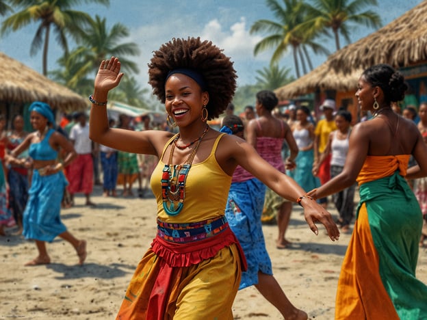 Auf dem Bild ist eine lebendige Tanzszene am Strand von Atacames zu sehen, wo Frauen in traditionellen, bunten Kleidern tanzen und ihre Kultur feiern. Die Atmosphäre ist fröhlich und von Energie durchzogen, was die Vielfalt und den Reichtum der afro-ecuadorianischen Traditionen widerspiegelt. Die Kombination aus Musik, Bewegung und farbenfrohen Gewändern zeigt die kulturelle Identität und den Gemeinschaftsgeist, die für Atacames charakteristisch sind. Palmen und traditionelle Hütten im Hintergrund unterstreichen die tropische Umgebung und die Verbundenheit mit der Natur.