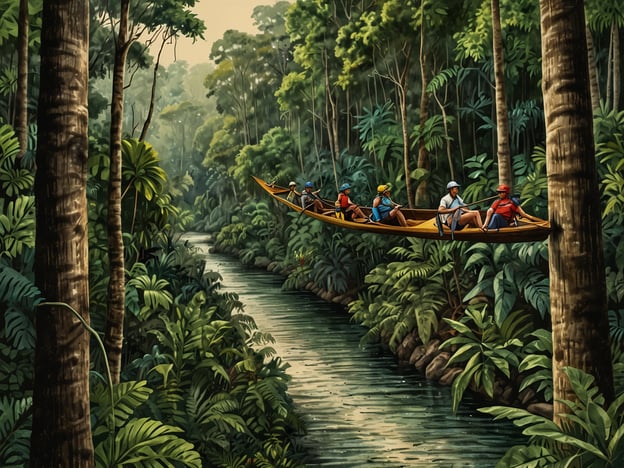 Auf dem Bild sieht man eine abenteuerliche Szene im Amazonas, in der Menschen in einem Kanu auf einem schmalen Fluss paddeln. Umgeben von üppigem Regenwald und hohen Bäumen, erleben sie die Schönheit der Natur. Solche Aktivitäten sind typisch für den Amazonas und umfassen oft auch Erkundungstouren, Vogelbeobachtungen und Bootsfahrten durch versteckte Kanäle. Abenteuerlustige Reisende können hier die vielfältige Tier- und Pflanzenwelt hautnah erleben und die atemberaubende Landschaft genießen.