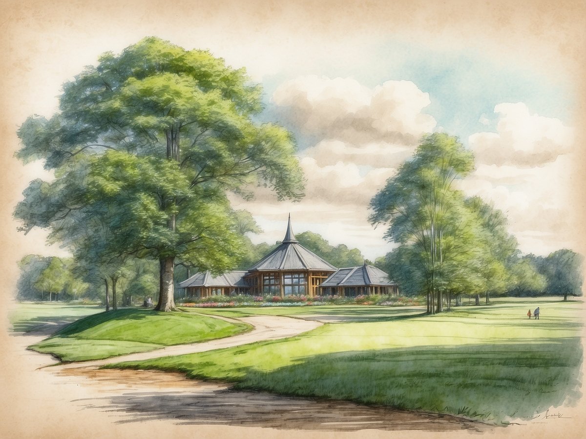 Die Darstellung zeigt das Hauptgebäude von Landal GreenParks Landgoed De Hellendoornse Berg in Haarle, umgeben von üppigen, grünen Landschaften und hohen Bäumen. Der elegante Bau hat ein spitzes Dach und große Fenster, die viel Tageslicht hereinlassen. Ein sanfter Weg schlängelt sich durch die Rasenfläche und führt zu dem Gebäude, während im Hintergrund Wolken am blauen Himmel sichtbar sind. Spaziergänger genießen die ruhige Umgebung und die naturnahe Atmosphäre des Parks.