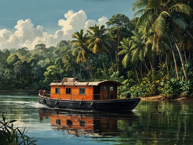 Auf dem Bild sieht man ein Boot, das auf einem ruhigen Fluss mit üppiger tropischer Vegetation fährt. Die Szene vermittelt ein Gefühl von Abenteuer und Naturverbundenheit, ideal für abenteuerliche Bootsfahrten auf dem Essequibo. Der Fluss ist von hohen Palmen und dichten Bäumen gesäumt, was die Schönheit der Umgebung unterstreicht. Diese Art von Bootsfahrten bietet die Möglichkeit, die unberührte Natur und die vielfältige Tierwelt der Region hautnah zu erleben.