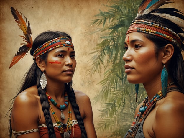 Auf dem Bild sind zwei Frauen zu sehen, die traditionelle indigenen Kleidung und Schmuck tragen. Sie haben zierte Haare mit Federn und Farbmarkierungen im Gesicht. Die Verwendung von Naturmaterialien, wie Schmuck aus Perlen und Federn, ist in vielen indigenen Kulturen weit verbreitet. 

Die Farben und Muster, die auf dem Gesicht und am Körper getragen werden, können spezifische kulturelle Bedeutungen haben und oft mit Ritualen oder Identität in Verbindung stehen. Obsidian- oder Silberohrringe, wie sie die Frauen tragen, sind ebenfalls typisches Handwerk vieler indigenen Völker und zeugen von ihrem Kunsthandwerk und ihrer Verbindung zur Natur. Dieses Bild spiegelt also den Reichtum und die Vielfalt indigener Kulturen wider.