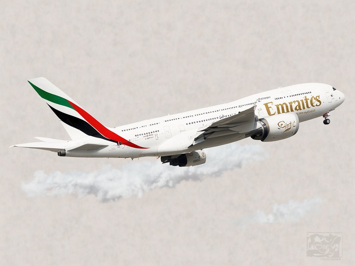 Ein Emirates Flugzeug des Typs Airbus A380 fliegt durch den Himmel. Die Maschine ist hauptsächlich weiß mit dem charakteristischen Emirates Schriftzug in Gold und den auffälligen Farbstripes in Grün, Rot und Schwarz auf dem Soßflügel. Am Triebwerk ist ein leichter Abgasstrahl zu sehen, der anzeigt, dass das Flugzeug in einen steilen Aufstieg geht. Der Hintergrund ist unscharf und zeigt einen hellen Himmel.