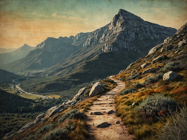 Auf dem Bild ist der Wanderweg auf den Tafelberg zu sehen. Der Pfad verläuft durch eine malerische Landschaft mit sanften Hügeln, Felsen und üppigem Grün. Im Hintergrund erheben sich majestätische Berge, die das natürliche Panorama abrunden. Die Lichtverhältnisse scheinen eine angenehme, warme Atmosphäre zu schaffen, die zum Wandern einlädt.