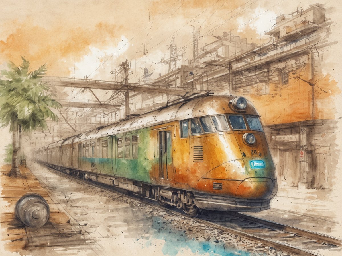 Ein nostalgischer Zug fährt durch eine Bahnhofsszene, in wasserfarbener Malerei dargestellt. Der Zug hat eine orange-grüne Lackierung und einen markanten, aerodynamischen Kopf. Im Hintergrund sind unscharfe Konturen von Gebäuden und Oberleitungen zu sehen. Palmenblätter deuten auf eine warme Umgebung hin. Der Boden glänzt leicht, als ob es gerade geregnet hat, und ein Mülleimer liegt am Rand des Bahnhofs. Diese Szene vermittelt eine ruhige Atmosphäre und symbolisiert die Herausforderungen und Trends im Reiseverkehr der Zukunft.