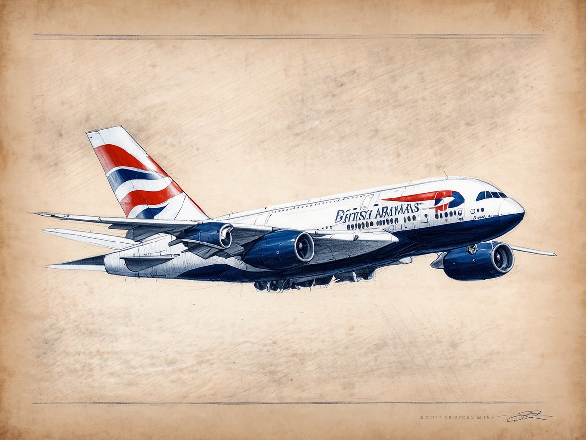 Ein Flugzeug der British Airways ist teils von der Seite und teils von schräg oben dargestellt. Die typische Farbgebung in Blau, Rot und Weiß ist sichtbar, einschließlich des Logos und des markanten Designs auf der Tragfläche. Der Hintergrund ist beige und hat eine leicht strukturierte Oberfläche, die dem Bild ein handgezeichnetes Aussehen verleiht.