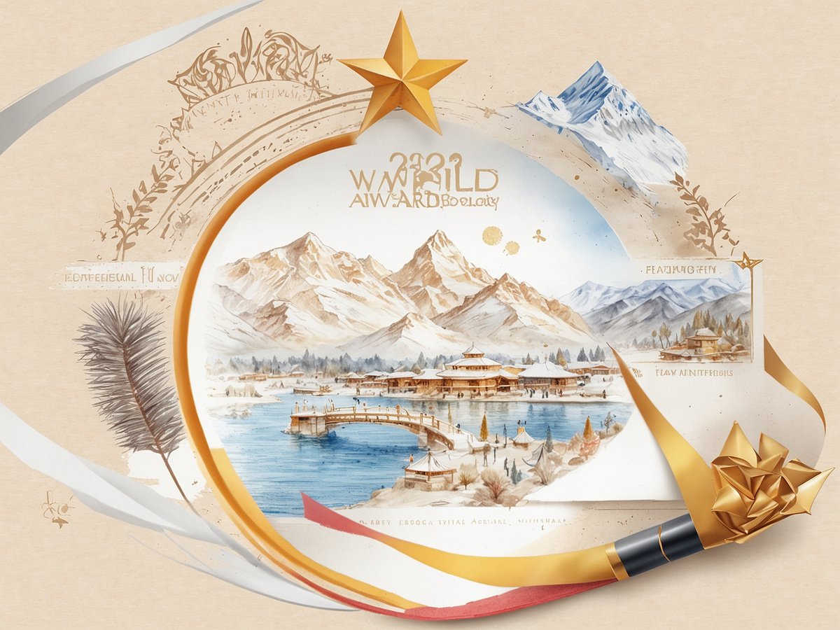 Eine künstlerische Illustration zeigt eine malerische Winterlandschaft mit schneebedeckten Bergen im Hintergrund und einem ruhigen Gewässer im Vordergrund. Auf dem Wasser spiegeln sich die Farben der Umgebung. An den Ufern des Gewässers sind stilisierte Gebäude und eine Holzbrücke abgebildet, die zu einer einladenden Atmosphäre beitragen. Um die zentrale Szene sind dekorative Elemente und goldene Akzente angeordnet, die auf eine Auszeichnung hinweisen. Zusätzlich sind Blätter und stilisierte Linien als künstlerische Akzente vorhanden, die den Eindruck von Eleganz und festlicher Stimmung verstärken. Die gesamte Darstellung vermittelt eine romantische und magische winterliche Stimmung, die für die Reisehighlights 2025 steht, einschließlich der Weltreise-Awards und des Hatta Winter Festivals.