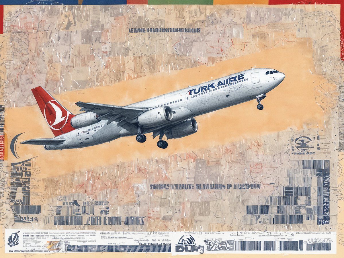 Ein Kunstwerk zeigt ein Flugzeug der Turkish Airlines, das nach oben fliegt. Der Hintergrund ist in warmen Farbtönen gehalten und enthält abstrakte Formen sowie Schriftzüge. Das Flugzeug ist detailliert dargestellt und trägt das Logo von Turkish Airlines auf der Seite. Die Komposition wirkt dynamisch und zieht die Aufmerksamkeit auf den Flugverkehr.