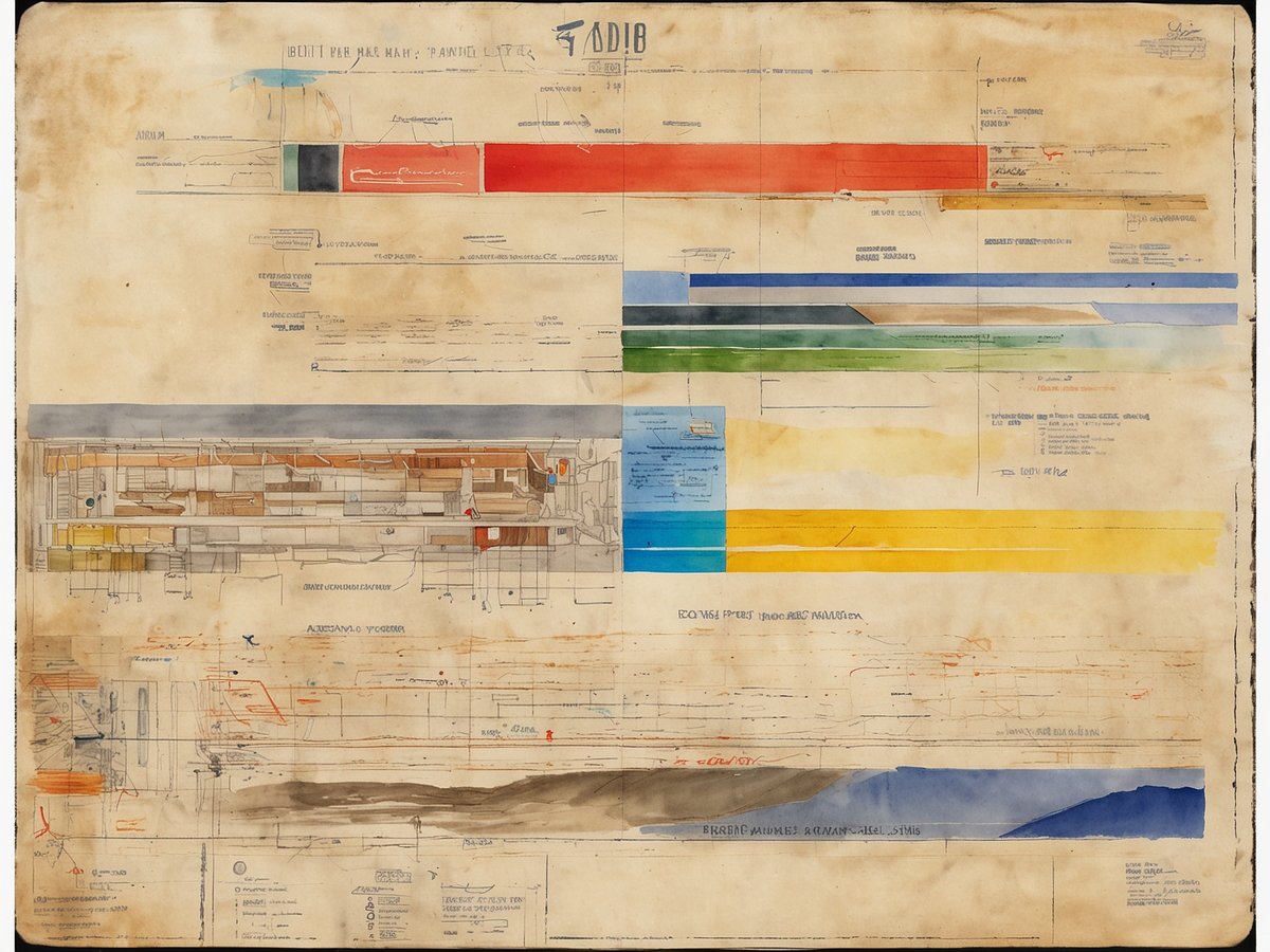 Das Bild zeigt eine historische technische Zeichnung mit verschiedenen farbigen Bereichen, die möglicherweise Routen oder Strecken in einem System darstellen. Oben links befindet sich eine beschriftete Grafik, während im mittleren Bereich eine detaillierte Skizze zu sehen ist, die Räume und Strukturen umfasst. Farbige Linien erstrecken sich horizontal über das Bild, was auf unterschiedliche Kategorien oder Abschnitte hinweist. Am unteren Rand sind handschriftliche Notizen und technische Spezifikationen vermerkt. Die Gesamtkomposition vermittelt einen Eindruck von Planung und ingenieurtechnischen Überlegungen.