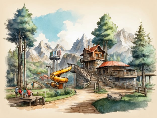 Auf dem Bild ist eine malerische Landschaft mit einem Freizeitpark zu sehen, der an eine klassische Berglandschaft erinnert. Im Vordergrund gibt es eine gelbe Rutsche und eine große Holzstruktur, die wie ein hölzernes Spielhaus aussieht. Die Umgebung ist von hohen Bäumen und majestätischen Bergen umgeben, was eine idyllische Atmosphäre schafft.

Diese Szenerie erinnert an den Churpfalzpark Loifling, der einst als Ort der Erholung und des Abenteuers entstanden ist. Der Park bietet verschiedene Attraktionen und Naturerlebnisse und ist ein beliebter Ausflugsort für Familien. Die Gestaltung des Parks hat sich über die Jahre weiterentwickelt und kombiniert Tradition mit modernen Freizeitmöglichkeiten, ähnlich wie in der dargestellten Szene.