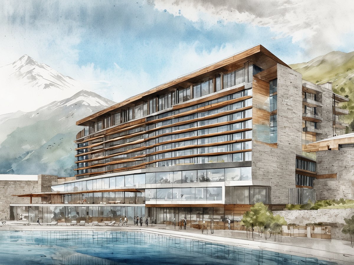 Ein modernes Luxushotel in Ushuaia, das 2028 eröffnet wird. Das Gebäude zeichnet sich durch eine Kombination aus großen Glasflächen und Holzdetails aus, umgeben von einer beeindruckenden Berglandschaft. Im Vordergrund ist ein Pool zu sehen, an dem sich mehrere Liegen befinden. Menschen sind sichtbar, die sich auf dem Freiluftbereich aufhalten und die Aussicht genießen. Die Architektur des Hotels verbindet Eleganz mit naturnahen Materialien und harmoniert mit der umgebenden Natur.