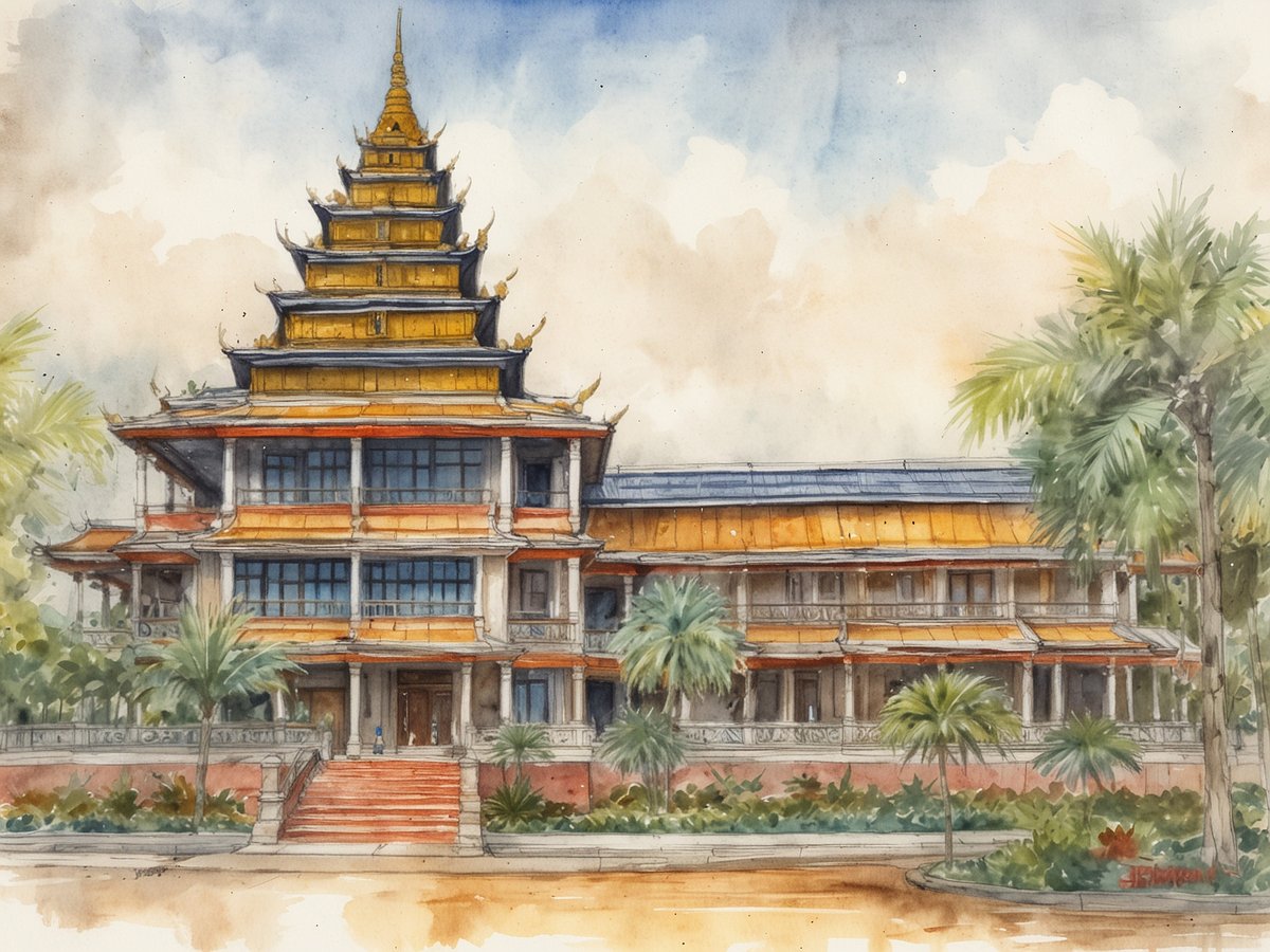 Eine elegante, mehrstöckige Gebäudefront im Khmer-Stil, die von Palmen umgeben ist. Das Dach hat mehrere Ebenen mit goldenen Akzenten, und die Fassade ist mit großen Fenstern gestaltet. Die Eingangstreppe führt zu einer offenen Veranda, während der Hintergrund von einem hellen Himmel mit sanften Wolken gezeichnet ist. Diese Szenerie verkörpert den Luxus und die kulturelle Vielfalt von Kambodscha.