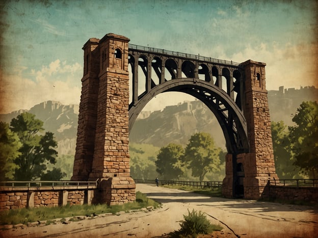 Auf dem Bild ist eine imposante Stein- und Stahlbrücke zu sehen, die sich elegant über einen Weg erhebt. Diese Brücke erinnert an die technischen Meisterwerke des 19. Jahrhunderts, als der Ausbau von Eisenbahn- und Straßeninfrastrukturen sowohl in Europa als auch in Nordamerika florierte.

Der Bau vieler solcher Brücken begann oft als Antwort auf die wachsenden Bedürfnisse nach effizienteren Verkehrsanbindungen und verbesserter Mobilität. Die Kombination aus robustem Stein und ausgeklügeltem Eisenbau erinnerte an wichtige Ingenieurleistungen, wie die von Gustave Eiffel oder John A. Roebling, die mit ihren Konstruktionen neue Standards setzten.

Die Brücke könnte Teil einer strategisch wichtigen Verkehrsader gewesen sein, die verschiedene Regionen miteinander verband und den Waren- sowie Personenverkehr erleichterte. Häufig wurden solche Bauwerke in landschaftlich reizvollen Gebieten errichtet, um sowohl praktische als auch ästhetische Werte zu vereinen. 

Die hat zur Entwicklung von Städten und dem industriellen Wachstum beigetragen und ist oft ein Symbol für Fortschritt und Innovation in der Ingenieurskunst. Es ist auch üblich, dass solche Brücken im Laufe der Zeit restauriert werden, um ihre historische Bedeutung zu bewahren und sie für zukünftige Generationen zugänglich zu machen.