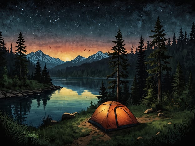 Auf dem Bild ist eine wunderschöne Nachtlandschaft zu sehen, die zum Campen in der Natur einlädt. Ein orangefarbendes Zelt steht am Ufer eines ruhigen Sees, umgeben von majestätischen Bergen und hohen, grünen Bäumen. Der Himmel ist klar und mit Sternen übersät, während der Sonnenuntergang einen zauberhaften Farbverlauf in die Szenerie bringt. Diese Umgebung bietet zahlreiche Aktivitäten und Abenteuer wie Wandern, Angeln oder einfach die Ruhe der Natur zu genießen. Es ist der perfekte Ort, um sich zu entspannen und die Schönheit der Wildnis zu erleben.