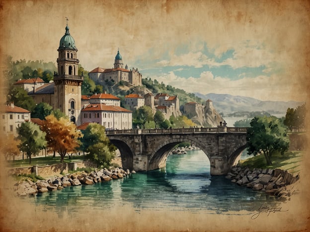 Auf dem Bild ist eine malerische Landschaft mit einer historischen Brücke zu sehen, die einen Fluss überspannt. Im Hintergrund erheben sich sanfte Hügel mit Gebäuden und Türmen, die vermutlich Teil einer Altstadt sind. Die Szenerie ist von einer herbstlichen Atmosphäre geprägt, mit Bäumen in warmen Farben.

**Besichtigungstipps für Deinen Aufenthalt:**

1. **Erkunde die Altstadt:** Besuche die engen Gassen und schau dir die charakteristischen Gebäude an. Die Architektur wird dich sicher begeistern.

2. **Besuche den Aussichtspunkt:** Suche einen hohen Punkt in der Nähe, um einen wundervollen Blick über die Stadt und die Umgebung zu genießen, besonders bei Sonnenuntergang.

3. **Genieße lokale Köstlichkeiten:** Probiere regionale Spezialitäten in einem der vielen kleinen Restaurants oder Cafés in der Umgebung.

4. **Mache einen Spaziergang entlang des Flusses:** Nutze die Uferpromenade, um die Landschaft zu genießen und vielleicht ein paar Fotos zu machen.

5. **Kulturelle Veranstaltungen:** Informiere dich über lokale Feste oder Veranstaltungen während deines Aufenthalts, um eine authentische Erfahrung zu machen.

Viel Spaß bei deinem Besuch!