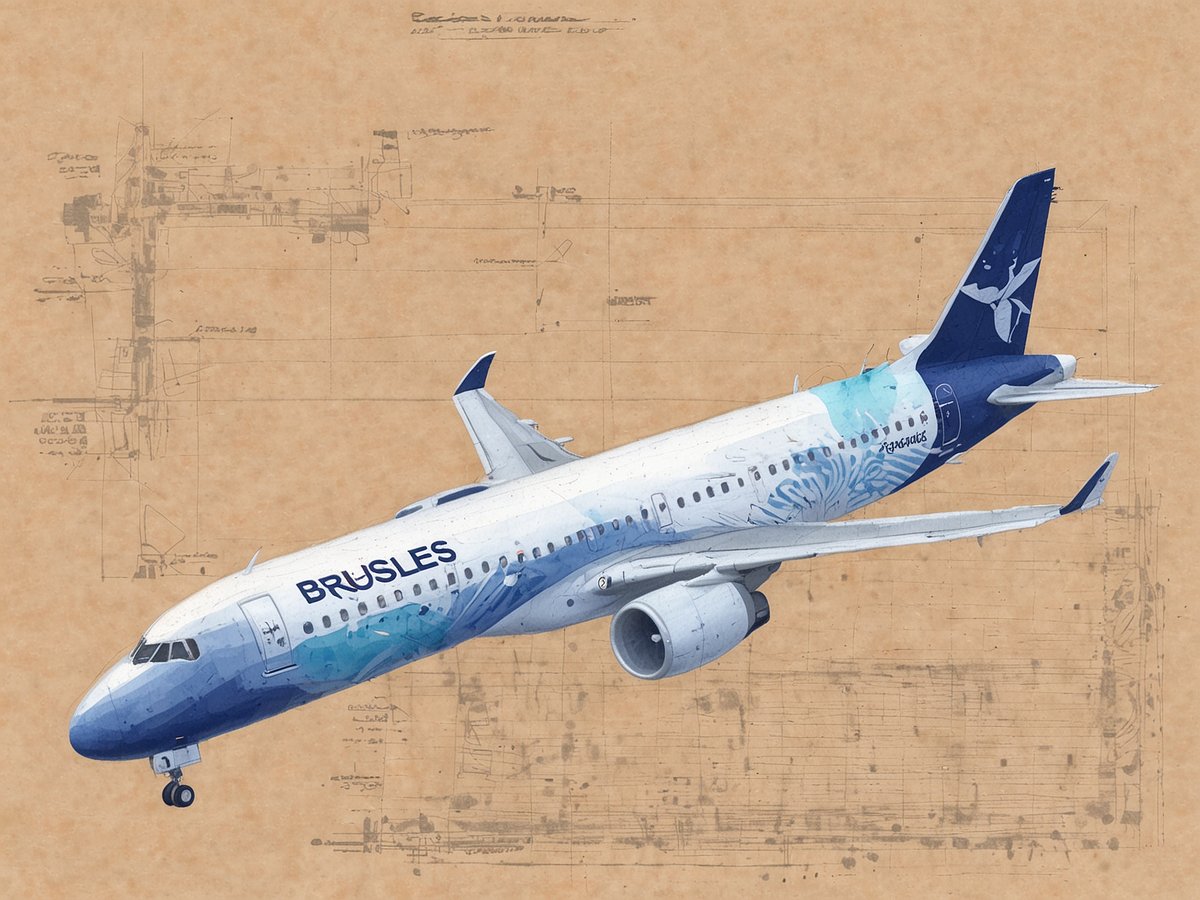 Ein moderner Passagierjet der Fluggesellschaft Brussels Airlines wird aus der Seitenansicht dargestellt. Der Jet trägt ein auffälliges Design in Blau- und Türkistönen mit dem Schriftzug Brussels. Im Hintergrund sind skizzenhafte technische Zeichnungen zu sehen, die dem Bild eine kreative und technische Note verleihen. Der Gesamteindruck vermittelt Fortschrittlichkeit und Nachhaltigkeit, passend zur Ankündigung über den Einsatz nachhaltiger A320neos.