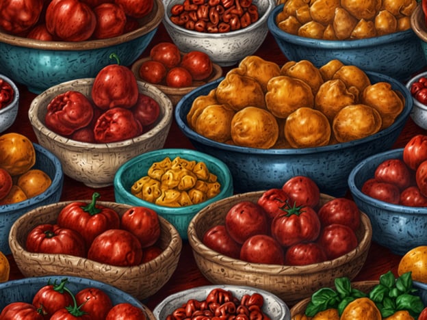 Auf dem Bild sind verschiedene kulinarische Genüsse zu sehen, die in einer Vielzahl von Schalen arrangiert sind. Es gibt rote Tomaten, die frisch und saftig aussehen, sowie gelbe und orangefarbene Gemüsearten. Die Schalen sind aus unterschiedlichen Materialien und bieten eine bunte Abwechslung an Farben und Formen. Einige der gefüllten Schalen scheinen auch kleine gefüllte Teigtaschen oder ähnliche Snacks zu enthalten. Diese vielfältige Auswahl an Zutaten könnte als Grundlage für köstliche Gerichte in der regionalen Küche dienen.