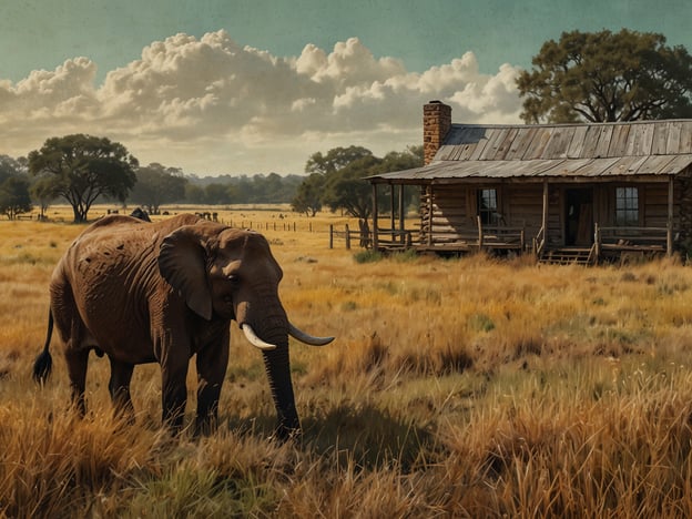 Auf dem Bild ist ein Elefant zu sehen, der durch eine weite, goldene Graslandschaft läuft. Im Hintergrund steht ein einfaches, rustikales Holzhaus mit einem überdachten Vorbau. Die Szenerie wirkt friedlich und natürlich, mit einer schönen Himmel und einigen Bäumen in der Umgebung. Dies erinnert an die Dadanawa Ranch im Herzen von Guyana, die für ihre beeindruckende Tierwelt und weiten Landschaften bekannt ist.