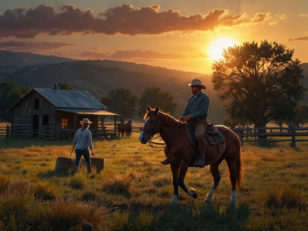 Auf dem Bild sieht man eine idyllische Szene vom Alltagsleben auf der Ranch. Im Vordergrund reitet ein Cowboy auf einem Pferd und genießt die Abendstimmung während der Sonnenuntergang den Himmel in warmen Farben taucht. Im Hintergrund ist eine rustikale Holzhütte und eine weitere Person zu sehen, die offenbar mit einem Eimer in der Hand beschäftigt ist, möglicherweise beim Arbeiten oder Versorgen der Tiere. Es herrscht eine ruhige, ländliche Atmosphäre, die das Leben und die Arbeit auf einer Ranch widerspiegelt.