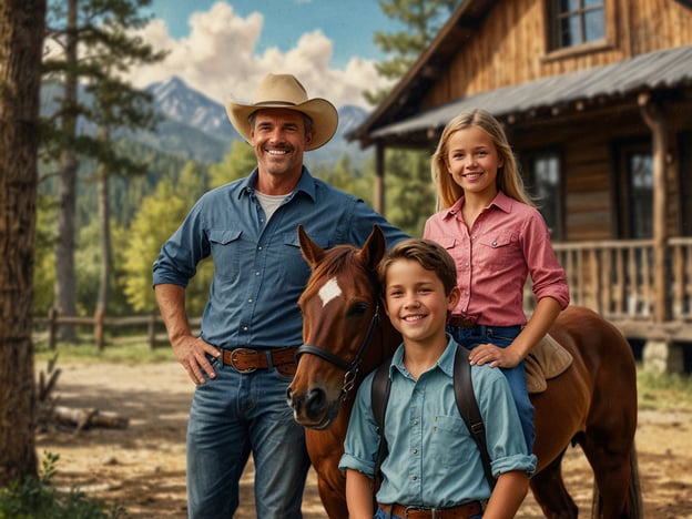 Auf dem Bild sind ein lächelnder Mann sowie zwei Kinder, die auf einem Pferd stehen. Im Hintergrund ist eine rustikale Holzhütte und eine schöne Naturlandschaft mit Bergen und Bäumen zu sehen.

Besucher der Ranch können sich auf verschiedene freundliche Angebote freuen, wie:

- **Reitausflüge in der Natur**: Genießen Sie die Umgebung während geführter Ausritte.
- **Ponyreiten für Kinder**: Eine tolle Erfahrung für die Kleinen, um den Umgang mit Pferden zu lernen.
- **Lagerfeuerabende**: Verbringen Sie gemütliche Abende mit Geschichten und Marshmallow-Rösten.
- **Naturtouren**: Erleben Sie geführte Wanderungen durch die malerische Landschaft.
- **Kurse zur Pferdepflege**: Lernen Sie, wie man sich richtig um Pferde kümmert.

Diese Angebote versprechen ein unvergessliches Erlebnis für die ganze Familie!