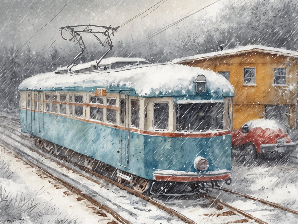 Ein blauer Straßenbahnwagen steht auf schneebedeckten Schienen in einem verschneiten Winterlandschaft. Die Umgebung ist von starkem Schneefall geprägt, und die oberen Teile der Straßenbahn sind mit einer dicken Schicht Schnee bedeckt. Im Hintergrund sind verschneite Bäume und ein gelbes Gebäude zu sehen. Ein rotes Auto parkt ebenfalls im Bild, das ebenfalls vom Schnee bedeckt ist. Die gesamte Szene vermittelt eine winterliche Stimmung und die Herausforderungen, die Winterwetter mit sich bringt.