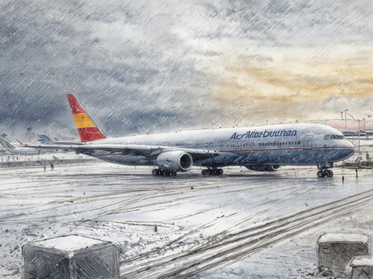 Ein großes Verkehrsflugzeug steht auf einer schneebedeckten Piste eines Flughafens, während starkes Schneetreiben herrscht. Der Himmel ist grau und düster, was auf unangenehmes Winterwetter hinweist. Auf dem Boden sind deutlich Spuren von Fahrzeugen im Schnee sichtbar. Im Hintergrund sind weitere Flugzeuge vorhanden, die ebenfalls von den Witterungsbedingungen betroffen sein könnten. Die Szene vermittelt ein Gefühl von Chaos und Schwierigkeiten am Flughafen durch Verspätungen und Ausfälle.