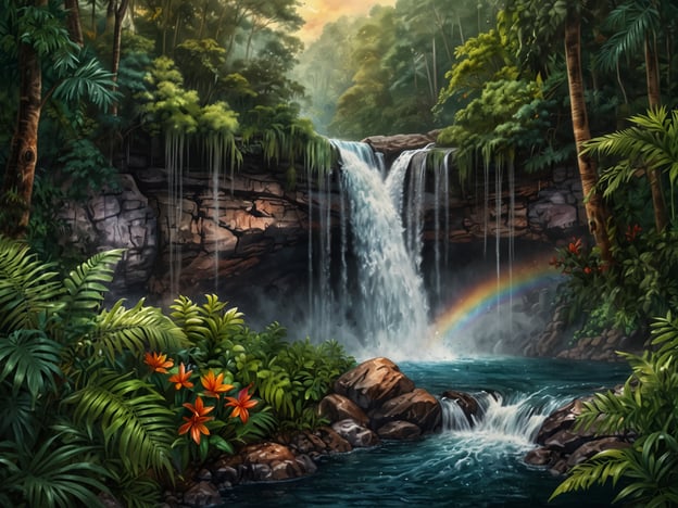 Auf dem Bild ist die atemberaubende Schönheit der Kaieteur Wasserfälle zu sehen. Der Wasserfall fließt majestätisch über eine Klippe und erzeugt einen schimmernden Regenbogen im Nebel des herabfallenden Wassers. Umgeben von üppigem, grünem Dschungel und farbenfrohen Blumen strahlt die Szenerie eine friedliche und naturnahe Atmosphäre aus. Die Felsen und das klare Wasser laden dazu ein, die beeindruckende Landschaft zu genießen.