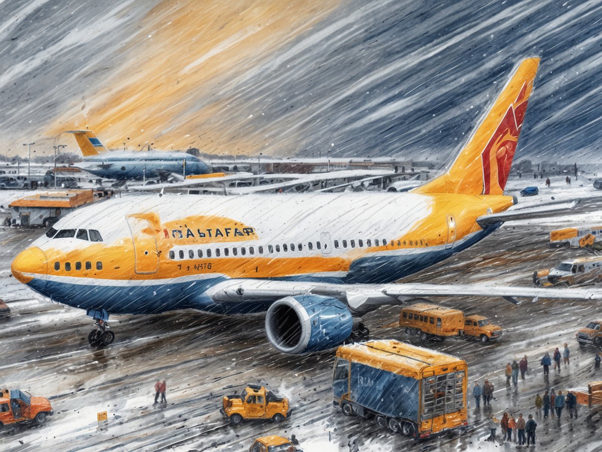 Ein Flughafen in winterlichen Bedingungen ist zu sehen, mit starkem Schneefall und windigen Verhältnissen. Ein großes, gelb-orangefarbenes Flugzeug steht auf dem Rollfeld, während im Hintergrund ein weiteres Flugzeug in der Warteschlange sichtbar ist. Mitarbeiter und Fahrzeuge sind auf dem Boden zu sehen, die sich um die Flugzeuge kümmern, während die Sicht durch den Schnee eingeschränkt ist. Die Szene vermittelt ein chaotisches Bild von Reiseunterbrechungen und den Herausforderungen, die winterliche Wetterbedingungen für Flughäfen mit sich bringen.