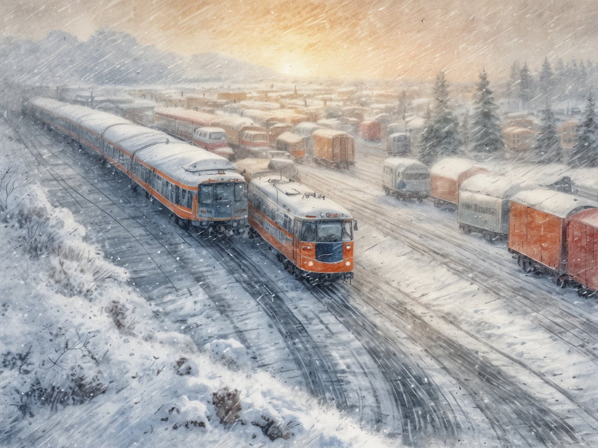 Eine verschneite Landschaft mit starkem Schneefall, in der mehrere rot-orangefarbene Züge in einem Bahnhof stehen. Die Gleise sind mit Schnee bedeckt und die Umgebung besteht aus schneebedeckten Bäumen und Fahrzeugen. Im Hintergrund sind Konturen von Bergen und eine orangefarbene Dämmerung am Himmel sichtbar, die das winterliche Chaos verstärken. Die Szene vermittelt das Gefühl von Kälte und Schwierigkeiten im Transportwesen aufgrund der winterlichen Witterungsbedingungen.