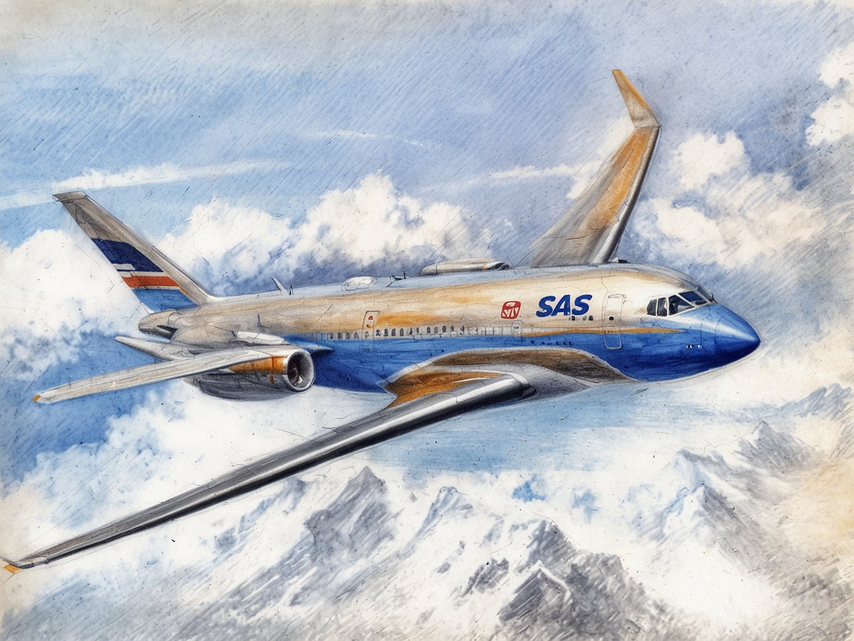 Ein SAS Flugzeug fliegt über eine beeindruckende Berglandschaft mit schneebedeckten Gipfeln unter einem klaren blauen Himmel. Das Flugzeug ist in den typischen Farben von SAS gestaltet, mit einem goldenen und blauen Farbton sowie dem SAS Logo deutlich sichtbar an der Seite. Die Wolken um das Flugzeug wirken dynamisch und verstärken den Eindruck von Geschwindigkeit und Höhe.