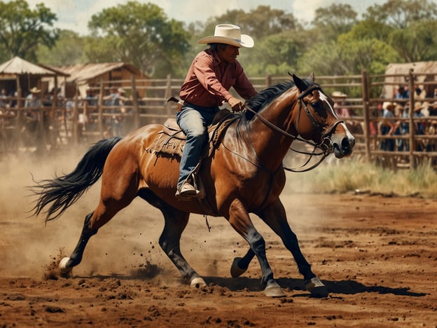 Auf dem Bild ist ein Reiter zu sehen, der mit einem Pferd in einer staubigen Arena im Rahmen eines Rodeos unterwegs ist. Diese Szene spiegelt die Traditionen des Rodeos wider, die in Nordamerika, insbesondere im Westen, verwurzelt sind. 

Die Wurzeln des Lethem Rodeo liegen in der Kultur der Viehzüchter und Cowboys, die sich im 19. Jahrhundert entwickelten. Ziel dieser Veranstaltungen war es, die Fähigkeiten der Cowboys im Umgang mit Rindern zu demonstrieren, darunter Techniken wie das Lasso werfen und das Reiten. Das Lethem Rodeo in Guyana ist ein lebendiges Beispiel für diese Tradition und verbindet lokale Bräuche mit den Einflüssen amerikanischer Rodeokultur. 

Die Darbietungen sind nicht nur Wettkämpfe, sondern auch eine Feier der lokalen Gemeinschaft und der kulturellen Identität.