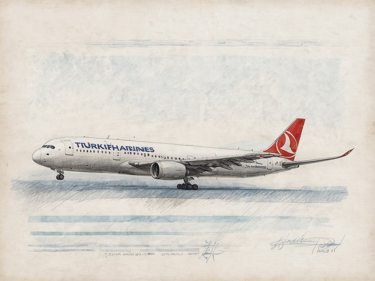 Ein stilisiertes Bild eines Turkish Airlines Flugzeugs, das auf einer Piste steht. Das Flugzeug ist in den Farben Weiß und Rot gestaltet, mit dem Logo von Turkish Airlines gut sichtbar an der Seite. Die Illustration zeigt eine sanfte, handgezeichnete Ästhetik mit bläulichem Hintergrund und schattierten Linien, die die Bewegung und Dynamik des Flugzeugs betonen.